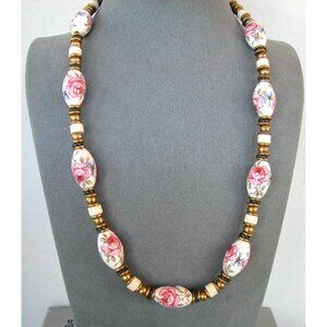 Vintage Hand Painted  Floral Ceramic Bead Necklace, Brass Accents & Barrel Clasp